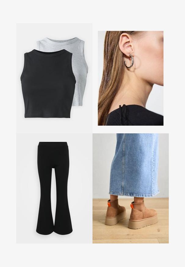 Even&Odd Petite 2 PACK - Topp - light grey/black; Mustad flared püksid, millel on sile tekstuur ja elastne vöökoht, kitsas ülaosa ning laiad avad allääres.; Pruunid nahatooted platvormikontsad elastsete külgpaneelidega ja oranžide tõmbetuttidega, koos puusani ulatuva heleda denim-seelikuga puidust põrandal.; Hõbedane rõngas kõrvarõngas poleeritud viimistlusega, millel on väikesed kuldsed aktsendid ja ümmargune kuju, kantud lobus.