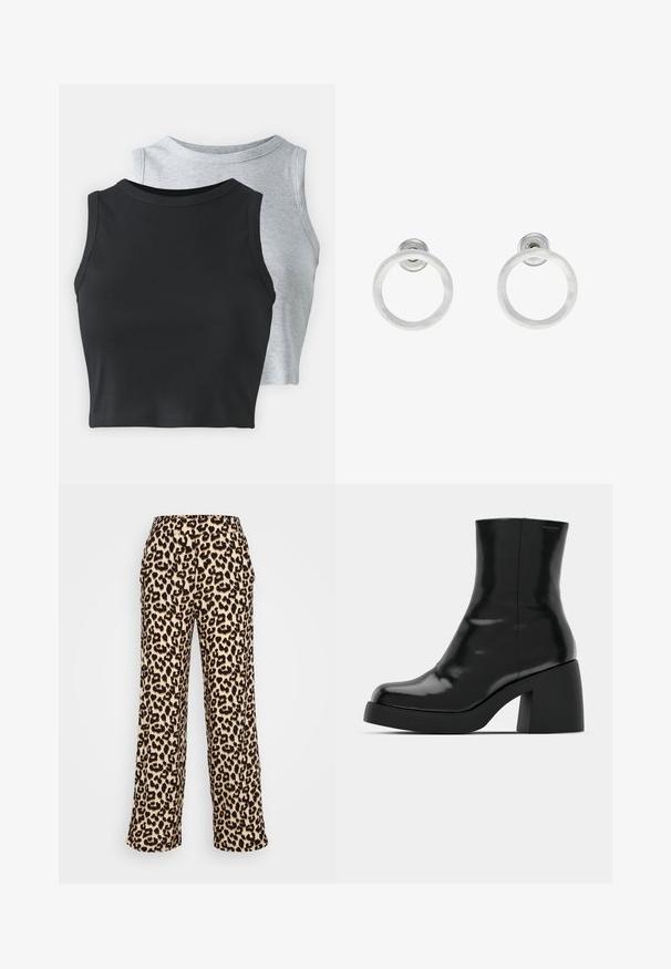 Even&Odd Petite 2 PACK - Topp - light grey/black; Leopardimustriga laiad püksid beeži ja musta värvitoonis. Pehme kangas, klassikaline loomamuster ja elastne vöökoht.; Mustad mustad, läikiva viimistlusega, ruudukujulise varbaga ja paksu plokktallaga. Kujundus sisaldab sujuvat siluetti ja minimaalset brändimist.; Hõbedased metallist rõngastooted, millel on harjatud tekstuur, ümmargune disain ja selge tagumine post, tagamaks kindlat kandmist.