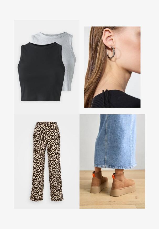 Even&Odd Petite 2 PACK - Top - light grey/black; Calças largas com padrão de leopardo em tons de bege e preto. Tecido suave, apresentando um padrão animal clássico e cintura elástica.; Botas plataforma em camurça castanha com painéis laterais elásticos e puxadores laranja, combinadas com uma saia de ganga clara até ao joelho, em um chão de madeira.; Brinco de argola prateada com acabamento polido, apresentando pequenos detalhes em dourado e uma forma redonda, usado na orelha.