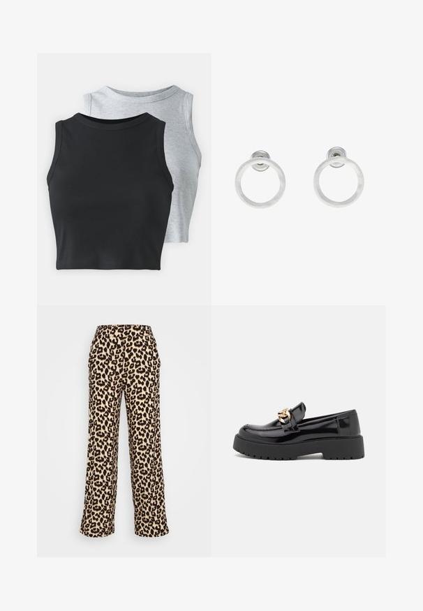 Even&Odd Petite 2 PACK - Top - light grey/black; Kalhoty s širokými nohavicemi v leopardím vzoru v béžové a černé barvě. Měkká tkanina, která má klasický zvířecí vzor a elastický pas.; Černé lakované kožené polobotky s masivní černou podešví a zlatými detaily. Hladký povrch a design s zaoblenou špičkou.; Stříbrné kovové kruhové náušnice s broušenou texturní úpravou, s kulatým designem a průhledným záznamem pro bezpečné nošení.
