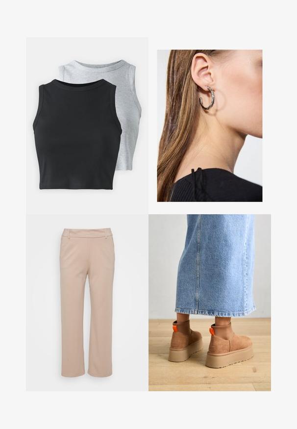 Even&Odd Petite 2 PACK - Top - light grey/black; Pantaloni bej, cu picioare ample, dintr-un material moale; au talie netedă și buzunare laterale, cu o siluetă curată și bine croită.; Botine maro din suede cu platformă, cu panouri elastice pe laterale și mânere portocalii, asortate cu o fustă din denim deschis până la genunchi, pe un podea din lemn.; Cercel din argint cu un finisaj polișat, având detalii mici din aur și o formă rotundă, purtat pe lobul urechii.