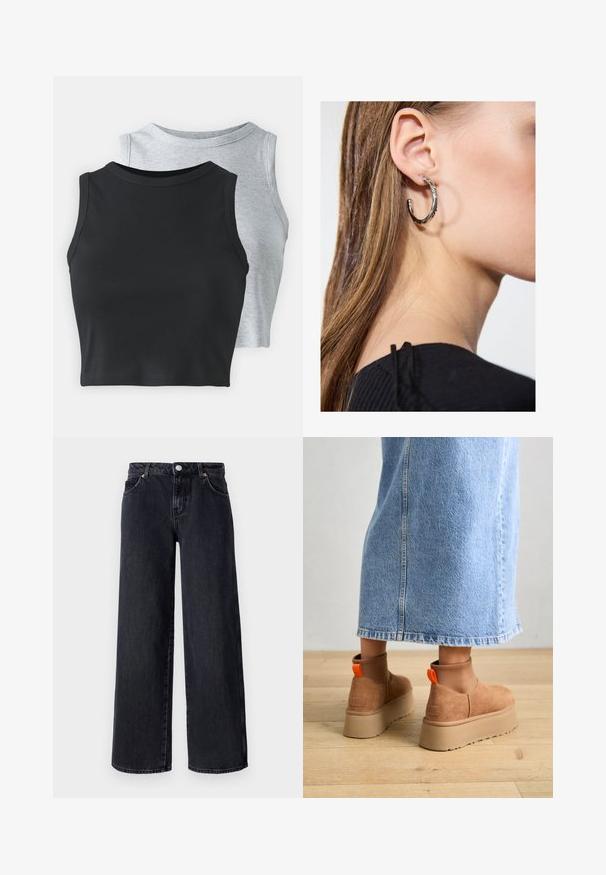 Even&Odd Petite 2 PACK - Top - light grey/black; Vero Moda Petite VMREMY MR WIDE  - Wide Leg - black denim; Stivali platform in suede marrone con pannelli laterali elastici e linguette arancioni, abbinati a una gonna di jeans chiara, lunga fino al ginocchio, su un pavimento di legno.; Orecchino a cerchio in argento con finitura lucida, caratterizzato da piccoli dettagli in oro e una forma tondeggiante, indossato sul lobo.