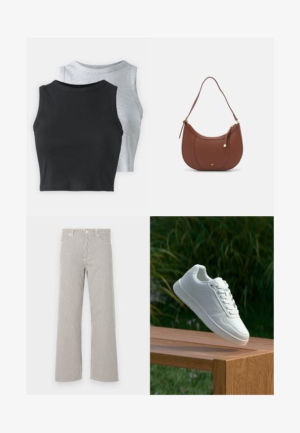 Even&Odd Petite - Top; Spodnie w szerokim kroju w paski, wykonane z lekkiego materiału. Posiadają pionowe czarno-białe paski, pas oraz pięć kieszeni.; Biały sneaker z gładką syntetyczną cholewą, perforowanym noskiem, płaskimi sznurowadłami i teksturowaną podeszwą, wyeksponowany na drewnianej powierzchni.; Brązowa torebka na ramię z eko-skóry o zaokrąglonym kształcie, z minimalnym przeszyciem i złotym akcentem na okuciach. Posiada zamek błyskawiczny u góry oraz regulowany pasek.