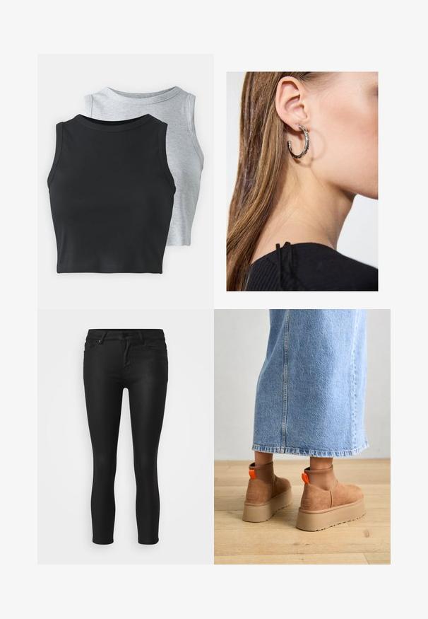 Even&Odd Petite 2 PACK - Felső - light grey/black; Fekete skinny farmernadrág elasztikus anyagból, közepes derékfogon, öt zsebes kialakítással és elöl gombos záródással.; Barna velúr platform csizmák elasztikus oldalsó panelekkel és narancssárga húzófülekkel, amelyek egy térdközépig érő világoskék farmer szoknyával vannak párosítva egy fás padlón.; Ez egy ezüst fülbevaló, sima felülettel, amelyen apró arany díszítőelemek találhatók. Kerek formájú és a fülcimpán viselik.