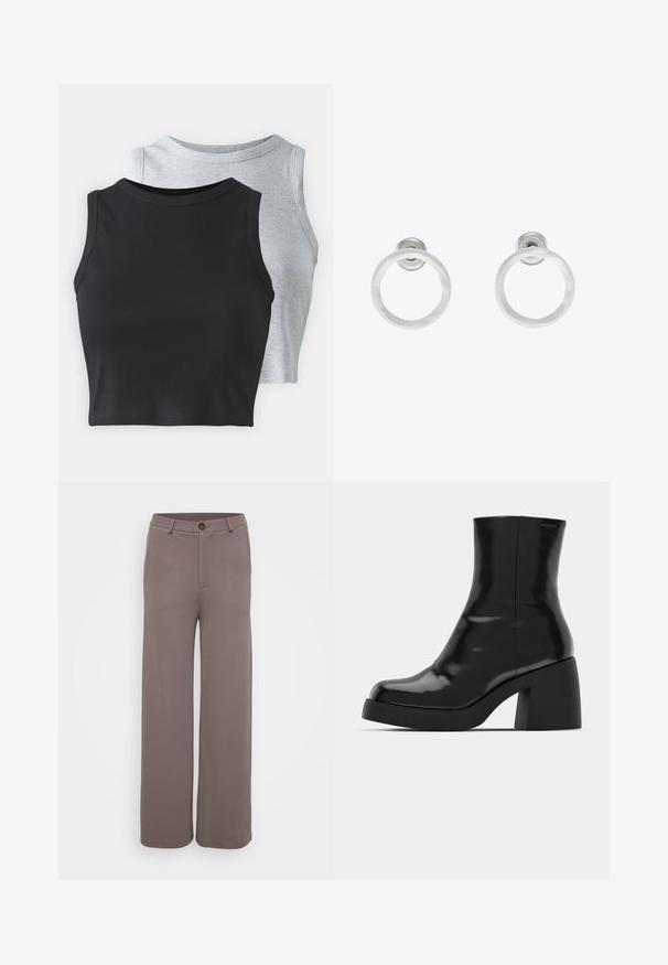 Even&Odd Petite 2 PACK - Top - light grey/black; Široke hlače iz gladkega, umirjenega rjavega blaga s sprednjimi žepi, gumbnim zapiranjem in oblikovanim pasom.; Črne gležnjarje z sijajno površino, kvadratnim nosom in debelim blokskim peto. Oblikovanje izstopa s brezšivno silhueto in minimalnim logotipiranjem.; Srebrni kovinski obročasti uhani z brušenjem, s krožno obliko in prozornim zatičem za varno nošenje.