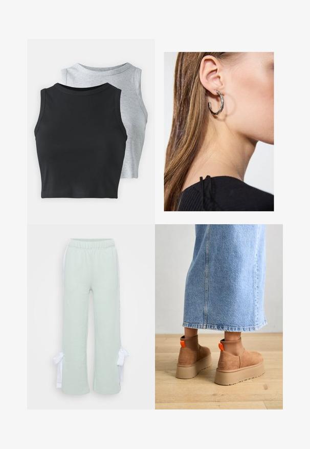 Even&Odd Petite 2 PACK - Top - light grey/black; Even&Odd Petite Tracksuit bottoms - light green; Brown suede platform boots with elastic side panels and orange pull tabs, paired with a knee-length light denim skirt on a wooden floor.; Silver hoop earring with a polished finish, featuring small gold accent details and a round shape, worn on the lobe.