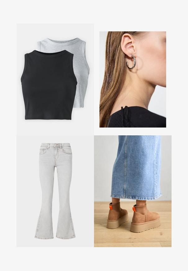 Even&Odd Petite 2 PACK - Tops - light grey/black; Gaiši pelēki plati džinsi ar klasisku piecu kabatu dizainu, šaurs piegriezums augšstilbā un platām malām pie potītēm.; Brūni zamšādas platforma zābaki ar elastīgiem sānu paneļiem un oranžām cilpām, apvienoti ar līdz ceļgaliem garu gaišā denima svārku uz koka grīdas.; Sudraba auskars ar pulētu apdari, ar maziem zelta akcentiem un apaļu formu, uz ausu ļipiņas.