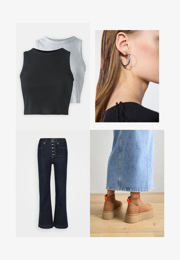 Even&Odd Petite 2 PACK - Top - light grey/black; Temno modri hlače s širokimi hlačnicami in visokim pasom, s petimi srebrnimi gumbi spredaj ter kontrastnim šivanjem okoli žepov in šivov.; Rjave suede platform čizme z elastičnimi stranskimi paneli in oranžnimi zankami, v kombinaciji s svetlobno denim krilom do kolen na lesenem tleh.; Srebrna obročasta uhana s polirano površino, ki vključuje majhne zlate poudarke in okroglo obliko, nošena na ušesnem lobu.