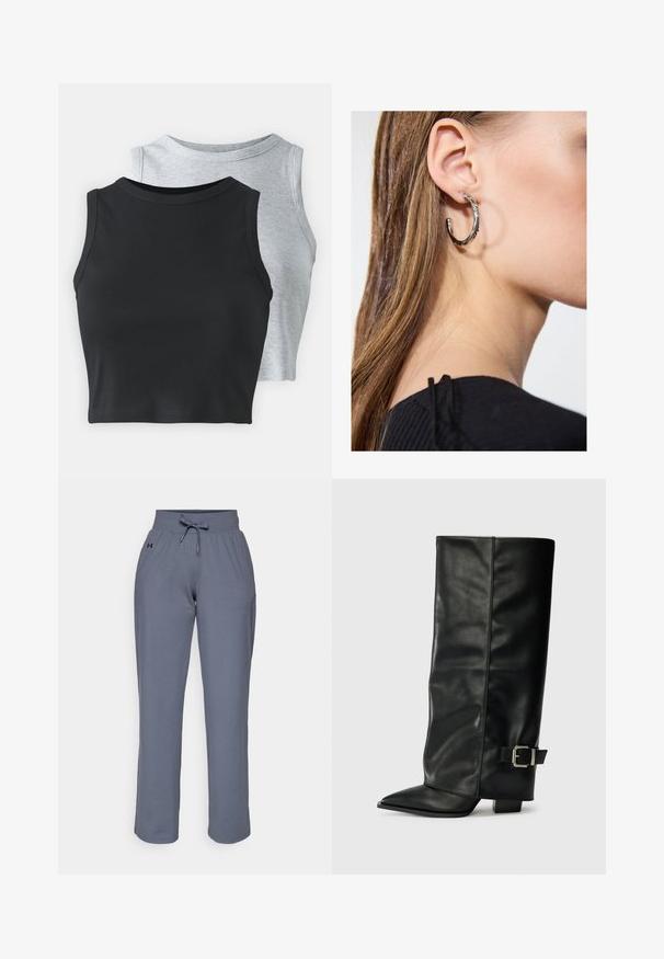 Even&Odd Petite 2 PACK - Top - light grey/black; Sive trenerice od mekog materijala, s elastičnim pojasom, vezicom i logotipom sa strane. Dizajn ravnih nogu.; Crne kožne čizme do gležnja sa šiljastim vrhom, glatkom teksturom i srebrnim kopčanjem sa strane. Debela kvadratna peta.; Srebrna kružna naušnica s poliranim završetkom, koja ima male zlatne detalje i okrugli oblik, nošena na uhu.