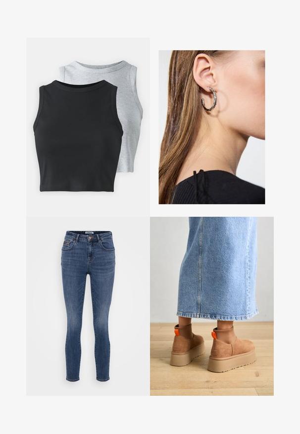 Even&Odd Petite 2 PACK - Topp - light grey/black; Tumedatesinised kitsad teksad, mis on valmistatud siledast denimist, viie taskuga disain ja vasknupp vööl.; Pruunid nahatooted platvormikontsad elastsete külgpaneelidega ja oranžide tõmbetuttidega, koos puusani ulatuva heleda denim-seelikuga puidust põrandal.; Hõbedane rõngas kõrvarõngas poleeritud viimistlusega, millel on väikesed kuldsed aktsendid ja ümmargune kuju, kantud lobus.