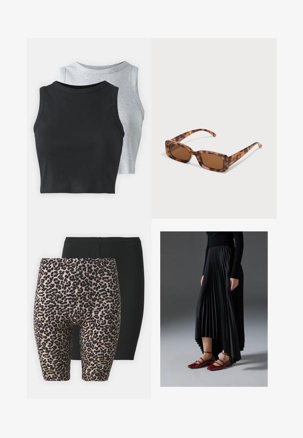 Even&Odd Petite 2 PACK - Tops - light grey/black; Divi šorti: viens melns, otrs leopardu rakstā ar beidzīgi un melnu rakstu. Abi ir viegli, elastīgi audumi ar elastīgu jostasvietu.; Melna plisēta kleita ar augstu priekšpusi un zemāku aizmuguri, saskaņota ar spīdīgām sarkānām dzīvokļa kurpēm ar siksnu dizainu. Audumam ir gluda tekstūra.; Tortoiseshell saulesbrilles ar taisnstūrveida brūniem stikliem, biezs rāmis un plānas kājas ar dažādu brūnu toņu rakstu.