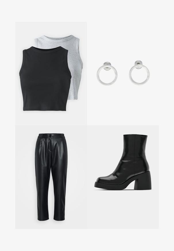 Even&Odd Petite 2 PACK - Tops - light grey/black; Melnas mākslīgās ādas bikses ar brīvu piegriezumu, kuru elastīgs jostasvērums, priekšējie krokas un apgrieztais garums. Gluda, spīdīga tekstūra.; Melnas potītes zābaku ar spīdīgu apdari, kvadrātveida pirkstu un biezu bloku papēdi. Dizainā ir bezšuvju siluets un minimāla zīmola identitāte.; Sudraba metāla gredzenveida auskari ar matētu faktūru, ar apaļu dizainu un caurspīdīgu aizdari, lai nodrošinātu drošu valkāšanu.