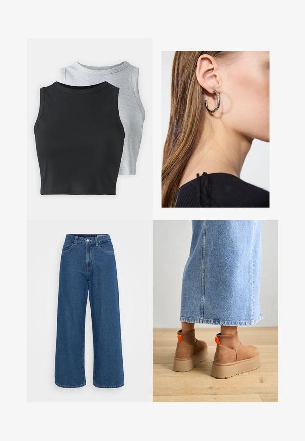 Even&Odd Petite 2 PACK - Top - light grey/black; Široké modré džíny s vysokým pasem, s předním zapínáním na knoflíky, čtyřmi kapsami a hladkým povrchem.; Hnědé semišové platformové boty s elastickými bočními panely a oranžovými poutky, spárované s sukní z jasného denimu ke kolenům na dřevěné podlaze.; Stříbrný kruhový náušník s lesklým povrchem, zdobený malými zlatými akcenty, v kulatém tvaru, nošený na lalůčku.