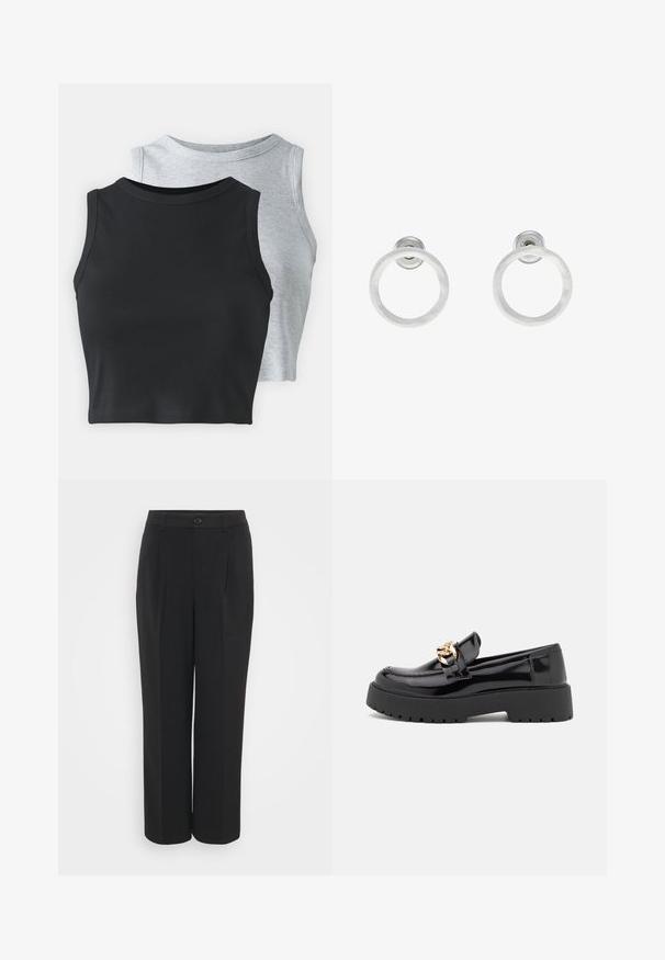 Even&Odd Petite 2 PACK - Tops - light grey/black; Melnas augstās jostas bikses ar gludu tekstūru, ribinātām frontēm un vienu pogu aizdares. Platas kājas ar sānu kabatām.; Melni lakoti mokasīni ar masīvu melnu zoli un zelta aksesuāriem. Gluda tekstūra un noapaļota purngala dizains.; Sudraba metāla gredzenveida auskari ar matētu faktūru, ar apaļu dizainu un caurspīdīgu aizdari, lai nodrošinātu drošu valkāšanu.