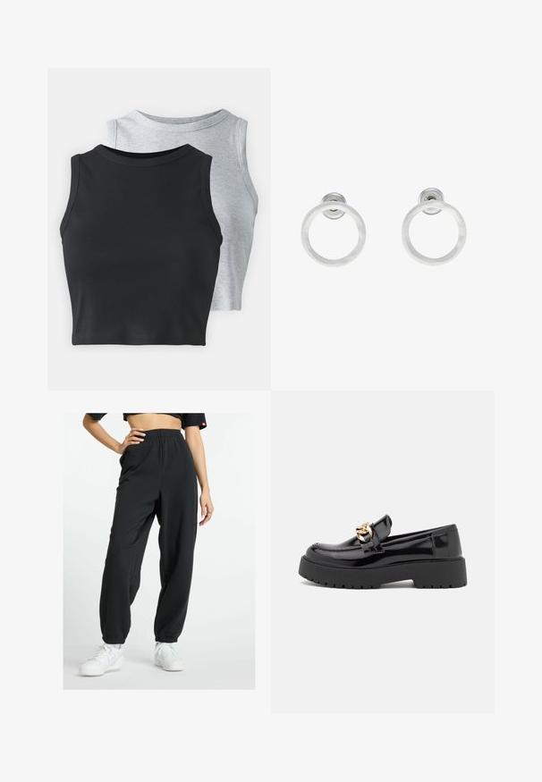 Even&Odd Petite 2 PACK - Top - light grey/black; New Balance Jogginghose - black; Schwarze Lacklederschuhe im Loafer-Stil mit einer klobigen schwarzen Sohle und goldenen Hardware-Details. Glatte Textur und runde Zehenform.; Silberne Metall-Hoops Ohrringe mit gebürsteter Oberfläche, die ein kreisförmiges Design aufweisen und mit einem klaren Steckverschluss für einen sicheren Halt ausgestattet sind.