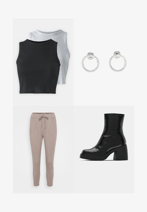 Even&Odd Petite 2 PACK - Viršus - light grey/black; Šviesiai rudų, siaurėjantys kelnes su raišteliu juosmenyje ir raukiniais. Pagaminti iš lygaus, elastingo audinio, užtikrinančio patogumą ir pritaikymą.; Juodi kulkšniniai batai su blizgiu paviršiumi, kvadratiniu pirštu ir storu blokiniu kulnu. Dizainas pasižymi be siūlių siluetu ir minimalia ženklinimo. ; Sidabriniai metaliniai auskarai žiedų pavidalu su šveitimo tekstūra, turintys apvalų dizainą ir skaidrų laikiklį saugiam dėvėjimui.