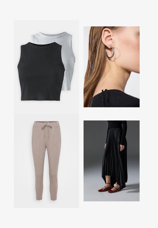 Even&Odd Petite 2 PACK - Felső - light grey/black; Világosbarna, kiemelt szárú nadrág, húzózsinóros derékkal és pliszírozott részletekkel. Simább, rugalmas anyagból készült a kényelem és a megfelelő illeszkedés érdekében.; Fekete redős szoknya, magas- és alacsony szegéllyel, fényes piros lapos cipőkkel párosítva, amelyek pántos dizájnnal rendelkeznek. Az anyaga sima tapintású.; Ez egy ezüst fülbevaló, sima felülettel, amelyen apró arany díszítőelemek találhatók. Kerek formájú és a fülcimpán viselik.