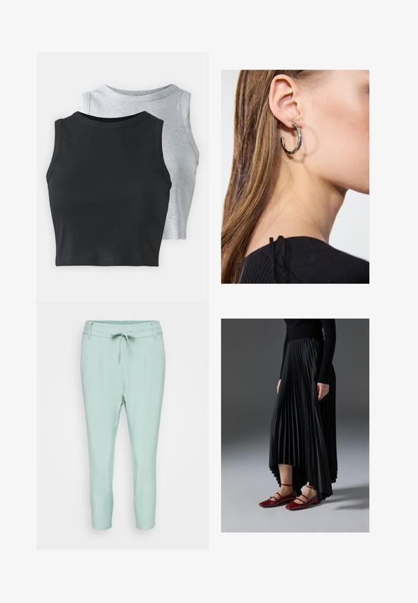 Even&Odd Petite 2 PACK - Toppi - light grey/black; Vaalean mintunvihreät housut, joissa on joustava vyötärö, nauhakiinnitys ja kaksi etutaskua. Sileä kangas, jossa on kapeneva lahjemuotoilu.; Musta pleatattu hame, jossa on korkea-matala helma, yhdistettynä kiiltäviin punaisiin ballerinoihin, joissa on nauhasuunnittelu. Kangas on sileä.; Hopea renkaankorvakoru kiiltävällä pinnalla, jossa on pieniä kultaisia yksityiskohtia ja pyöreä muoto, käytetty korvalla.