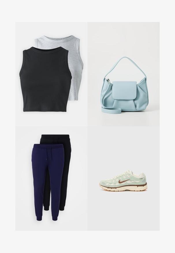 Even&Odd Petite 2 PACK - Linne - light grey/black; Even&Odd Curvy 2 PACK - Träningsbyxor - black/blue; Ljust gröna sportskor i mesh och mocka, bruna detaljer, beige sula, texturerad design och en signaturlogotyp på sidan.; Ljusblå läderhandväska med ett handtag på toppen, framficka med klaff och avtagbar handledsrem på vit bakgrund.; Silvriga metallringörhängen med borstad yta, som har en cirkulär design och en genomskinlig stiftbaksida för säker användning.