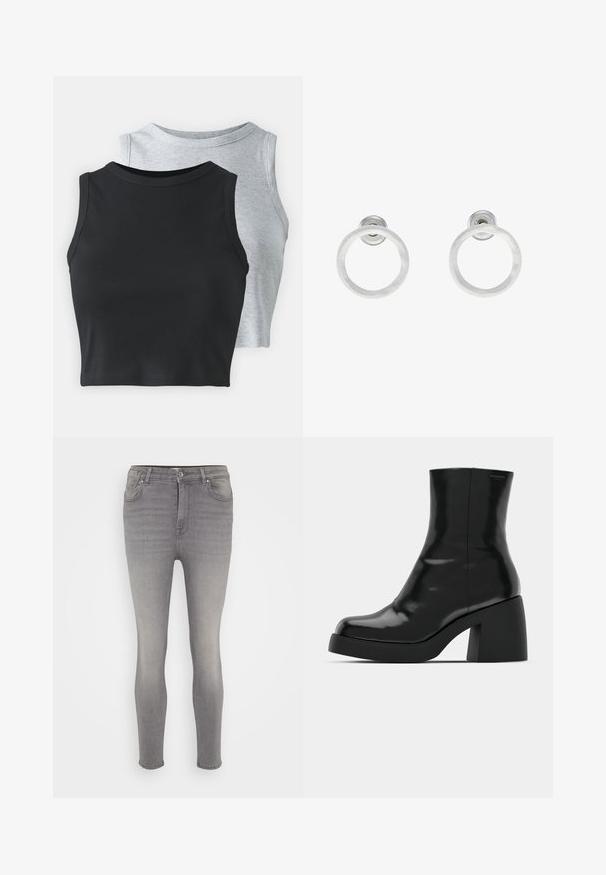 Even&Odd Petite 2 PACK - Top - light grey/black; Sive traperice s uskim krojem, s kopčanjem na dugme, pet džepova i suptilnim izbljeđivanjem duž nogavica. Glatka tekstura, bez uzoraka.; Crne gležnjače s sjajnom površinom, četvrtastim vrhom i debelim blok petama. Dizajn ima besprijekornu siluetu i minimalno brendiranje.; Srebrne metalne naušnice u obliku prstena s brušenom teksturom, s kružnim dizajnom i prozirnom vrstom kopče za sigurno nošenje.