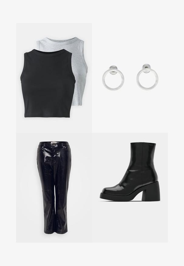 Even&Odd Petite 2 PACK - Top - light grey/black; Crne hlače od umjetne kože s krokodil teksturom, s ravnim nogavicama i prednjim gumbom za zatvaranje.; Crne gležnjače s sjajnom površinom, četvrtastim vrhom i debelim blok petama. Dizajn ima besprijekornu siluetu i minimalno brendiranje.; Srebrne metalne naušnice u obliku prstena s brušenom teksturom, s kružnim dizajnom i prozirnom vrstom kopče za sigurno nošenje.