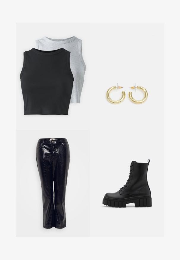 Even&Odd Petite 2 PACK - Tops - light grey/black; Melni mākslīgās ādas bikses ar krokodila tekstūru, ar taisno kāju dizainu un priekšējo pogu aizdari.; Melnas ādas potītes zābaki ar masīvu, rievojumu zoli, auklu aizdari un vilces cilpu uz gludas baltas fona.; Zelta auskari ar gludu, spīdīgu apdari. Apaļš dizains, kas ietver mazu tapu un caurspīdīgu pamatni drošai valkāšanai.