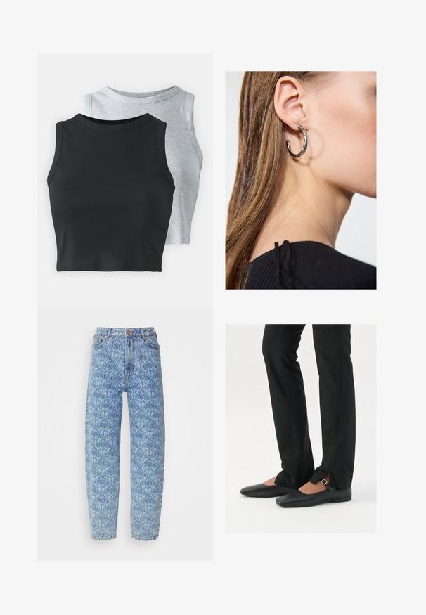 Even&Odd Petite - Top; Jasnoniebieskie dżinsy z wysokim stanem w geometryczny wzór, proste nogawki, przeszycia i mosiężne guziki jako akcenty.; Czarne skórzane baletki z ostro zakończonym noskiem, paskiem z srebrną klamrą, w połączeniu z czarnymi spodniami o dopasowanym kroju z rozcięciem u dołu.; Srebrny kolczyk w kształcie koła z polerowanym wykończeniem, z małymi złotymi akcentami, noszony na płatku ucha.