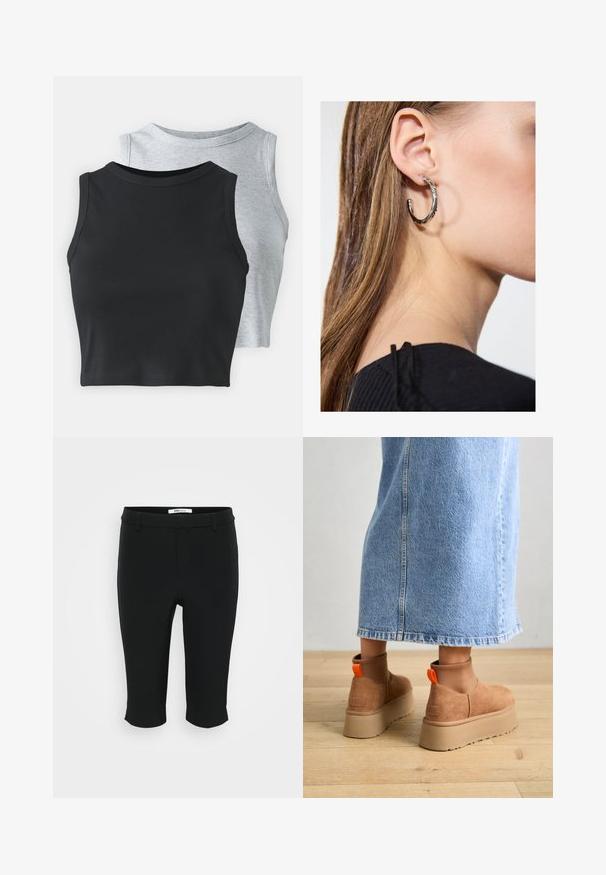 Even&Odd Petite 2 PACK - Top - light grey/black; Čierne trojštvrťové nohavice vyrobené z hladkej tkaniny. Majú plochý predný diel s pútkami na opasok a skrátený lem. Jednoduchý dizajn bez viditeľných vzorov.; Hnedé zamskové platformové čižmy s elastickými bočnými panelmi a oranžovými ťahákmi, v kombinácii s sukňou z ľahkého denimu po kolená, na drevenej podlahe.; Strieborná kruhová náušnica s lesklým povrchom, obsahujúca malé zlaté akcenty a okrúhly tvar, nosená na lalôčiku ucha.