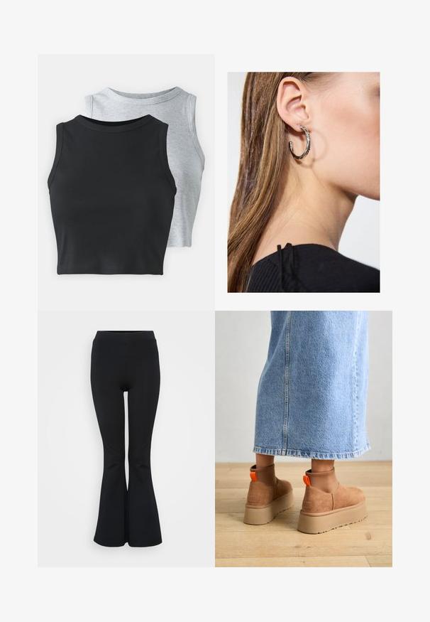 Even&Odd Petite 2 PACK - Tops - light grey/black; Melni platā piegriezuma legingi, kas izgatavoti no elastīga materiāla. Iezīmējas ar augstu jostu un gludu tekstūru. Beidzas ar platam apakšmalu.; Brūni zamšādas platforma zābaki ar elastīgiem sānu paneļiem un oranžām cilpām, apvienoti ar līdz ceļgaliem garu gaišā denima svārku uz koka grīdas.; Sudraba auskars ar pulētu apdari, ar maziem zelta akcentiem un apaļu formu, uz ausu ļipiņas.