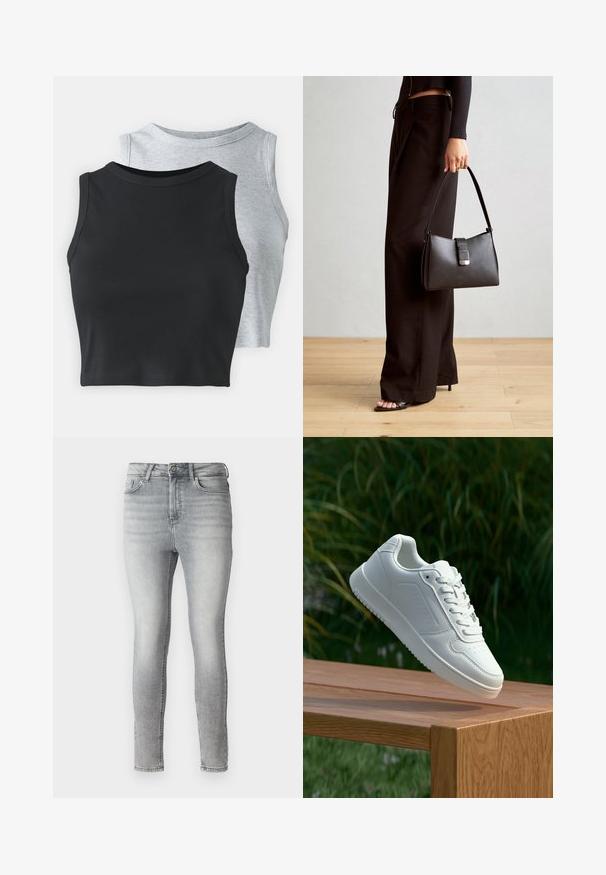 Even&Odd Petite 2 PACK - Top - light grey/black; Sive traperice uskog kroja s glatkom teksturom, dizajnom s pet džepova, te gumbom i zatvaračem na struku. Izgleda izblijedjelo kroz cijelu površinu.; Bijela tenisica sa glatkim sintetičkim gornjim dijelom, perforiranim prednjim dijelom, ravnim vezicama i teksturiranom potplatom, prikazana na drvenoj površini.; Crna torba s oblikom koji sadrži strukturu, glađu teksturu i metalnu kopču. Uparena s širokim crnim hlačama i sandalama na otvorenom s drvenog poda.