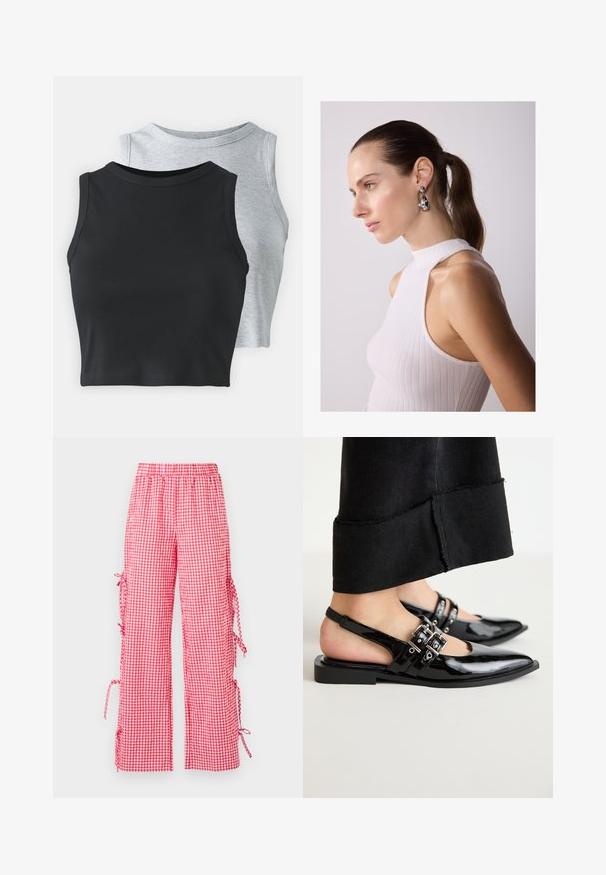 Even&Odd Petite 2 PACK - Top - light grey/black; Pantaloni cu carouri roșii și albe, cu o croială lejeră, având un brâu elastic și șnururi pe lateral pentru lungimi reglabile.; RAID DINKY - Balerini cu barete - black; Cercei din argint în formă de lacrimă cu accente rotunjite, purtați de un model îmbrăcat într-un top fără mâneci, alb, cu textură netedă.