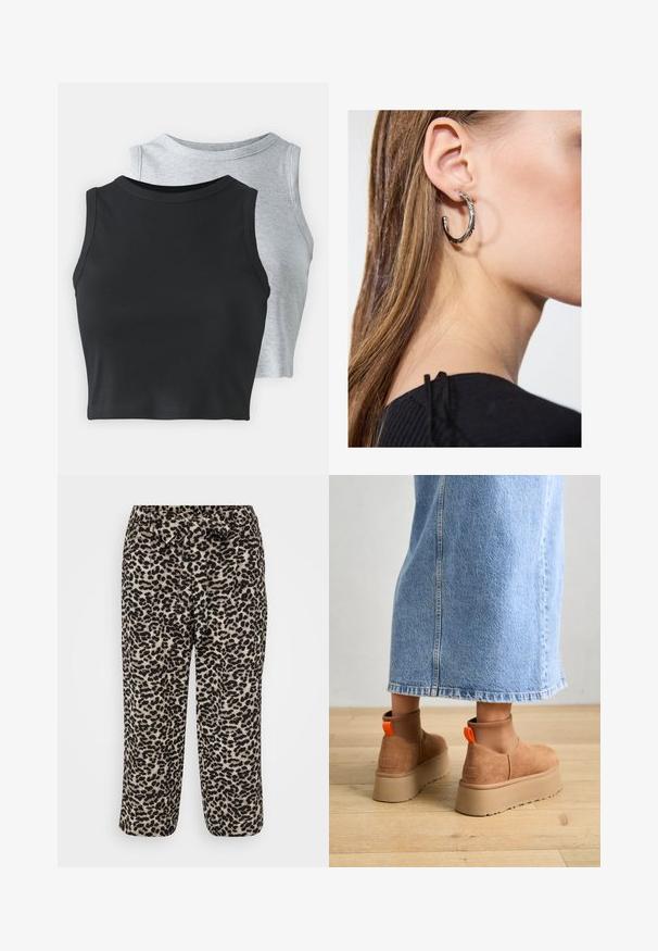 Even&Odd Petite 2 PACK - Top - light grey/black; Calças com padrão de leopardo, apresentando um tecido suave, pernas largas e um cós com laço. O padrão consiste em manchas pretas sobre um fundo bege.; Botas plataforma em camurça castanha com painéis laterais elásticos e puxadores laranja, combinadas com uma saia de ganga clara até ao joelho, em um chão de madeira.; Brinco de argola prateada com acabamento polido, apresentando pequenos detalhes em dourado e uma forma redonda, usado na orelha.