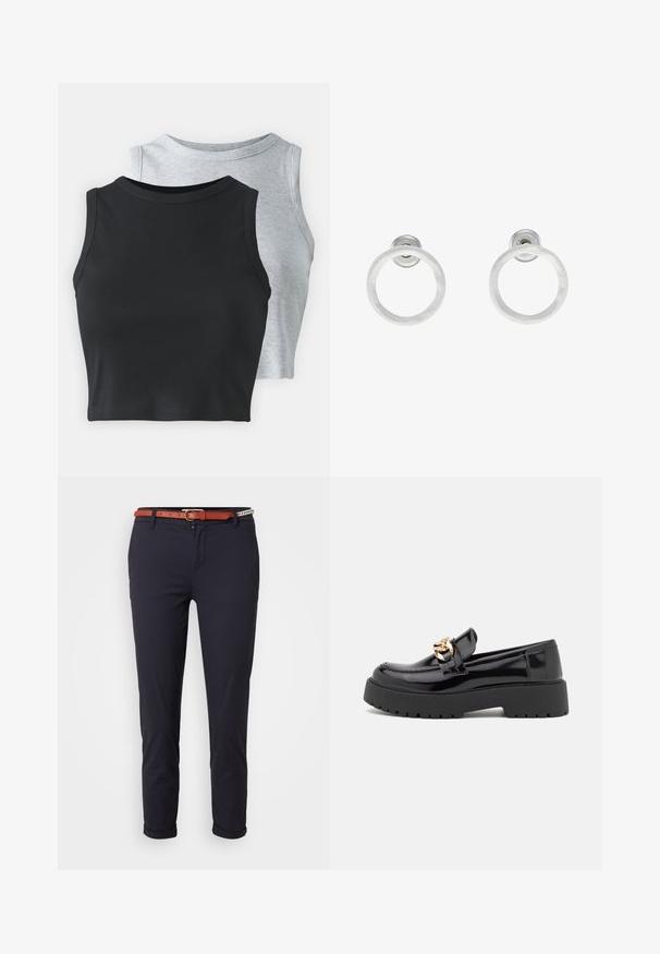 Even&Odd Petite 2 PACK - Top - light grey/black; Temno modre hlače ozkega kroja z manšetami in rjavim pasom z okroglo zlatno sponko. Narejene iz gladkega materiala.; Črni lakirani usnjeni loafers s debelim črnim podplatom in zlato kovinsko opremo. Gladka tekstura in zasnova zaokroženega nosu.; Srebrni kovinski obročasti uhani z brušenjem, s krožno obliko in prozornim zatičem za varno nošenje.