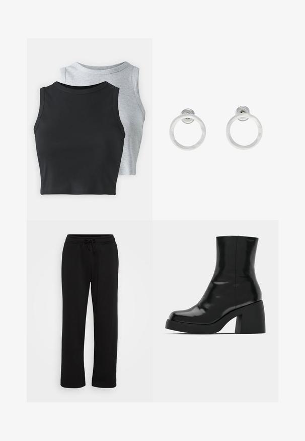 Even&Odd Petite 2 PACK - Tops - light grey/black; Melnas taisnas sporta bikses ar elastīgu jostu un regulējamu saiti, parādītas uz baltas fona.; Melnas potītes zābaku ar spīdīgu apdari, kvadrātveida pirkstu un biezu bloku papēdi. Dizainā ir bezšuvju siluets un minimāla zīmola identitāte.; Sudraba metāla gredzenveida auskari ar matētu faktūru, ar apaļu dizainu un caurspīdīgu aizdari, lai nodrošinātu drošu valkāšanu.