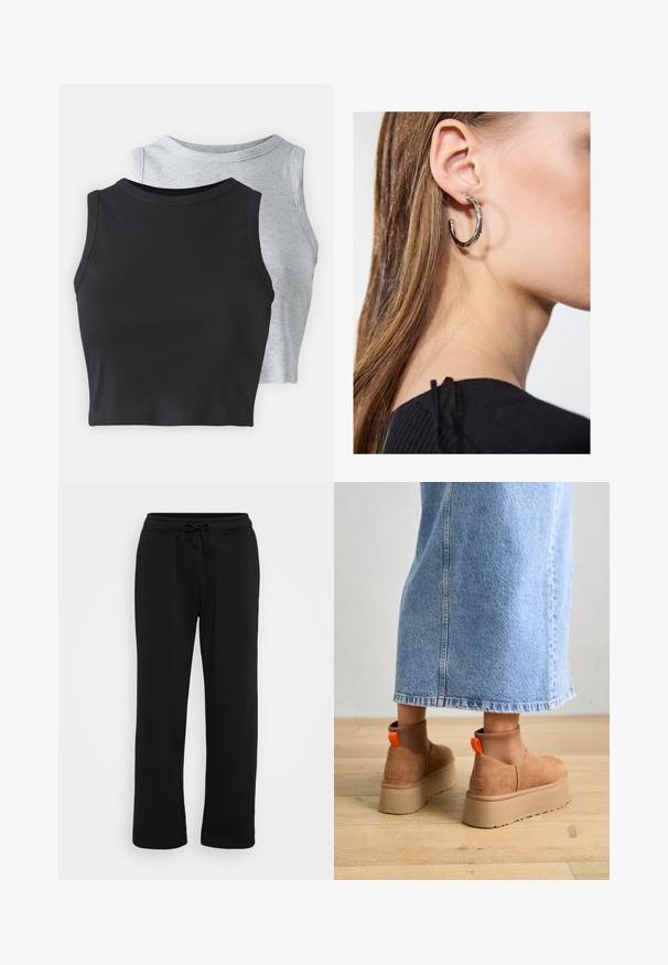 Even&Odd Petite 2 PACK - Top - light grey/black; Črne dolge trenirke ravnega kroja z elastičnim pasom in nastavljivo vrvico, prikazane na beli podlagi.; Rjave suede platform čizme z elastičnimi stranskimi paneli in oranžnimi zankami, v kombinaciji s svetlobno denim krilom do kolen na lesenem tleh.; Srebrna obročasta uhana s polirano površino, ki vključuje majhne zlate poudarke in okroglo obliko, nošena na ušesnem lobu.