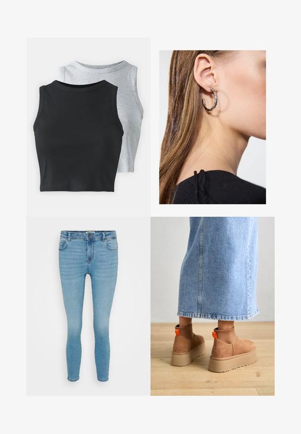 Even&Odd Petite 2 PACK - Top - light grey/black; Jeans de ganga elástica azul claro com um corte slim, design de cinco bolsos, desvanecimento subtil e fecho de correr com botão metálico.; Botas plataforma em camurça castanha com painéis laterais elásticos e puxadores laranja, combinadas com uma saia de ganga clara até ao joelho, em um chão de madeira.; Brinco de argola prateada com acabamento polido, apresentando pequenos detalhes em dourado e uma forma redonda, usado na orelha.