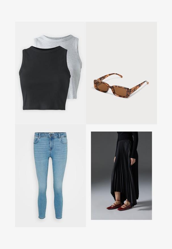 Even&Odd Petite 2 PACK - Tops - light grey/black; Gaiši zili stiepjami džinsi ar šauru piegriezumu, piecu kabatu dizainu, nelielu izbalējumu un rāvējslēdzēju ar metāla pogu aizdari.; Melna plisēta kleita ar augstu priekšpusi un zemāku aizmuguri, saskaņota ar spīdīgām sarkānām dzīvokļa kurpēm ar siksnu dizainu. Audumam ir gluda tekstūra.; Tortoiseshell saulesbrilles ar taisnstūrveida brūniem stikliem, biezs rāmis un plānas kājas ar dažādu brūnu toņu rakstu.