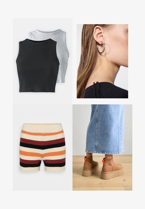 Even&Odd Petite 2 PACK - Top - light grey/black; Pletené šortky s vodorovnými pruhy v krémové, oranžové, červené, černé a burgundské barvě, se soft textilem a přiléhavým pasem.; Hnědé semišové platformové boty s elastickými bočními panely a oranžovými poutky, spárované s sukní z jasného denimu ke kolenům na dřevěné podlaze.; Stříbrný kruhový náušník s lesklým povrchem, zdobený malými zlatými akcenty, v kulatém tvaru, nošený na lalůčku.