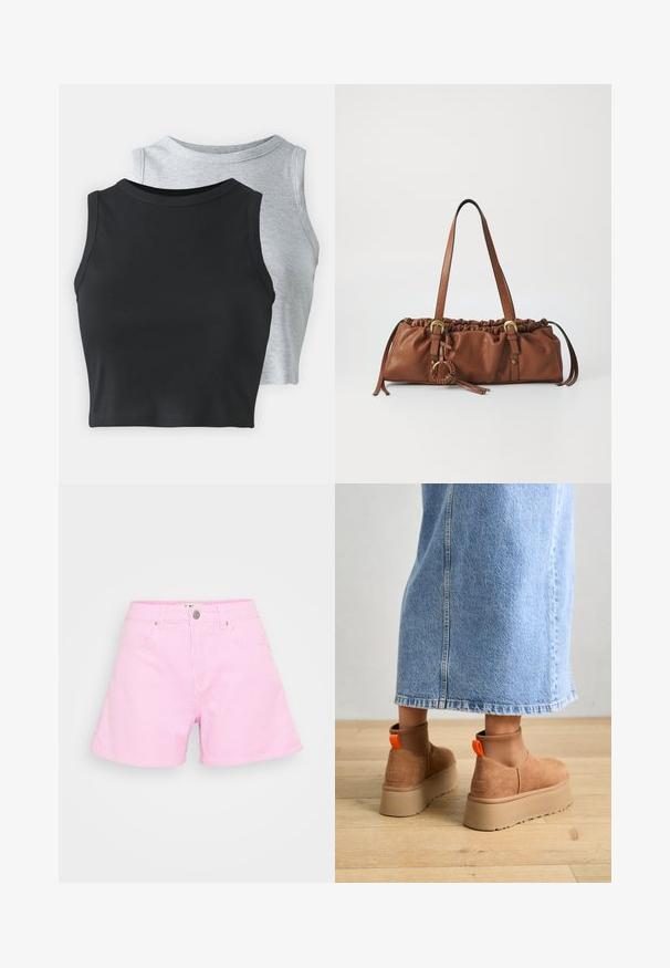 Even&Odd Petite 2 PACK - Top - light grey/black; Pink striped shorts made of lightweight fabric, featuring a button closure, two front pockets, and a relaxed fit for comfort.; Brown suede platform boots with elastic side panels and orange pull tabs, paired with a knee-length light denim skirt on a wooden floor.; Brown leather handbag with gathered top, adjustable straps, and metal accents. Features a round braided detail on the side.; Silver hoop earring with a polished finish, featuring small gold accent details and a round shape, worn on the lobe.