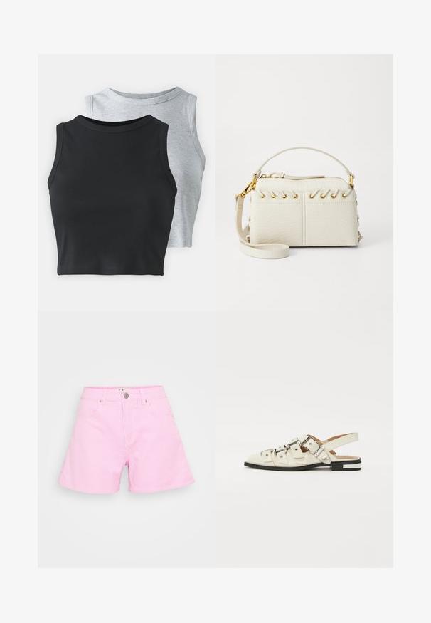 Even&Odd Petite 2 PACK - Topp - light grey/black; Roosa triibuline lühike pükste komplekt kergest kangast, millel on nööbikinnitus, kaks esipocketit ja mugav lõige.; Valged nahast slingback-sandaalid, millel on mitmeid laiad rihmad ja hõbedased pandlad; tasane tald väikese musta kanna ja metalliliste detailidega.; Valge kunstnahast kott, millel on ülemine tõmblukk, lühike käepide ja eemaldatav ristkeha rihm kuldsete detailidega. Külgade lacing detail.; Hõbedane rõngas kõrvarõngas poleeritud viimistlusega, millel on väikesed kuldsed aktsendid ja ümmargune kuju, kantud lobus.