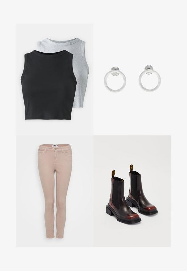 Even&Odd Petite 2 PACK - Top - light grey/black; Jeans beige ajustados con una textura suave, que cuentan con cinco bolsillos, un cierre de botón frontal y costuras tonales. Fabricados con una mezcla de algodón elástico.; Dr. Martens MAYBOLE CHELSEA - Botines con plataforma - black/cherry red; Pendientes de aro de metal plateado con una textura cepillada, que presentan un diseño circular y un respaldo transparente para un uso seguro.