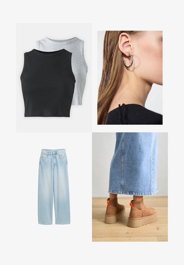 Even&Odd Petite 2 PACK - Top - light grey/black; Lichtblauwe wijde spijkerbroek van denim, met een hoge taille, frontzakken, een knoopsluiting en klassieke stikdetails.; Bruine suède platformlaarzen met elastische zijkanten en oranje trekbandjes, gecombineerd met een lichtdenim rok tot de knie op een houten vloer.; Zilveren oorbel met een gepolijste afwerking, met kleine gouden accentdetails en een ronde vorm, gedragen op de oorlel.