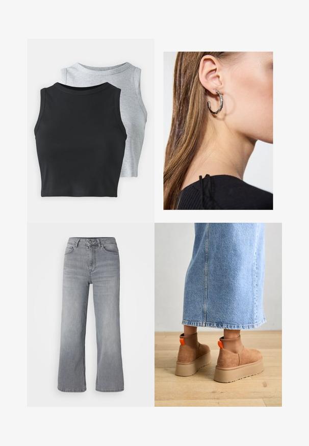 Even&Odd Petite 2 PACK - Top - light grey/black; Svetlo sivi denim široki traper hlače s visokim strukom, pet žepov in klasičnim zadrgo ter gumbom. Mehka tekstura z rahlim bledenjem.; Rjave suede platform čizme z elastičnimi stranskimi paneli in oranžnimi zankami, v kombinaciji s svetlobno denim krilom do kolen na lesenem tleh.; Srebrna obročasta uhana s polirano površino, ki vključuje majhne zlate poudarke in okroglo obliko, nošena na ušesnem lobu.