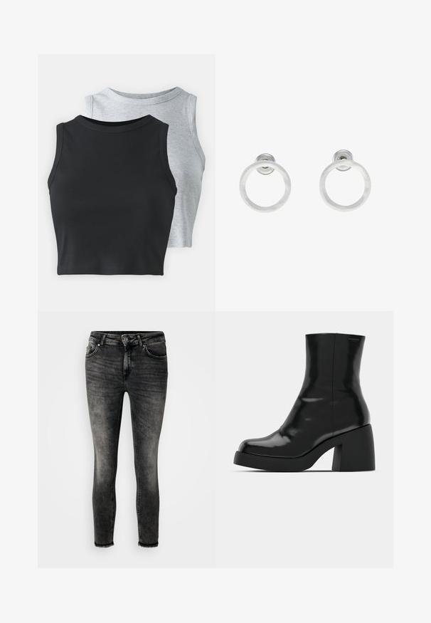 Even&Odd Petite 2 PACK - Top - light grey/black; Uske uže traperice u izblijedjeloj crnoj boji, s pet džepova, patent-zatvaračem i sirovim rubom. Napravljene od denima s glatkom teksturom.; Crne gležnjače s sjajnom površinom, četvrtastim vrhom i debelim blok petama. Dizajn ima besprijekornu siluetu i minimalno brendiranje.; Srebrne metalne naušnice u obliku prstena s brušenom teksturom, s kružnim dizajnom i prozirnom vrstom kopče za sigurno nošenje.