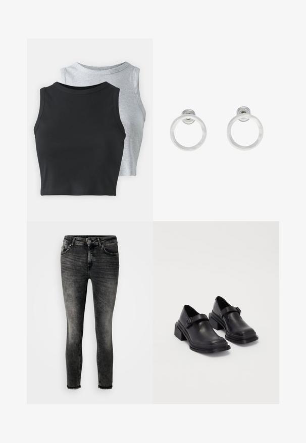 Even&Odd Petite 2 PACK - Top - light grey/black; Uske uže traperice u izblijedjeloj crnoj boji, s pet džepova, patent-zatvaračem i sirovim rubom. Napravljene od denima s glatkom teksturom.; Crne kožne cipele s okruglim vrhom, ravnim đonom i remenom s detaljem kopče. Debeli blok peti za dodatnu stabilnost.; Srebrne metalne naušnice u obliku prstena s brušenom teksturom, s kružnim dizajnom i prozirnom vrstom kopče za sigurno nošenje.