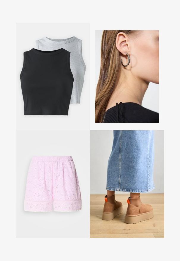 Even&Odd Petite 2 PACK - Top - light grey/black; Roze pamučne kratke hlače s izvezenim cvjetnim uzorkom, elastičnom bikom i čipkastim rubom na kraju. Lagana i prozračna tkanina.; Smeđe suede platform čizme s elastičnim bočnim panelima i narančastim vučnim trakama, uparenim s suknjom od svijetlog denima do koljena na drvenom podu.; Srebrna kružna naušnica s poliranim završetkom, koja ima male zlatne detalje i okrugli oblik, nošena na uhu.