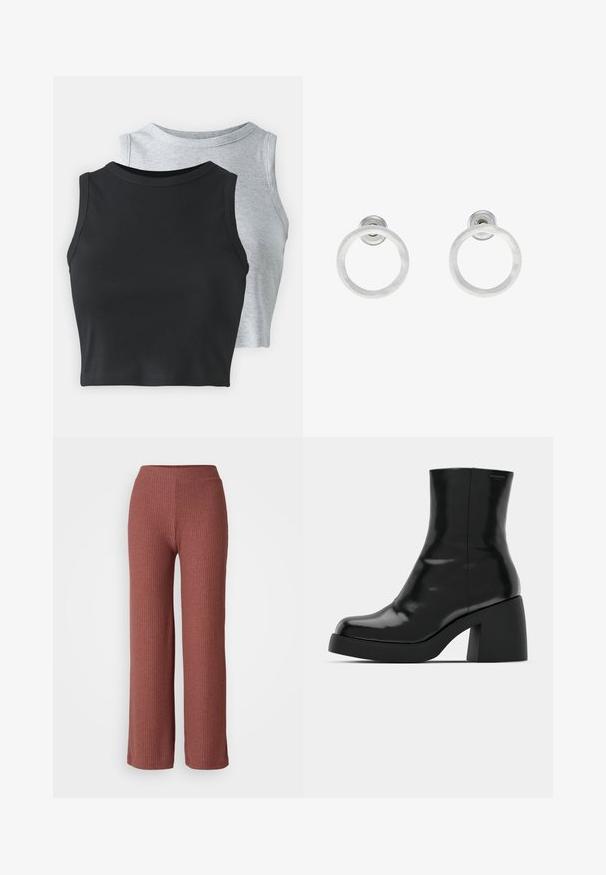 Even&Odd Petite - Top; Żebrowane spodnie z szerokimi nogawkami w kolorze przykurzonego różu z elastycznym paskiem w talii, charakteryzujące się miękką teksturą i prostym krojem.; Czarne botki za kostkę o błyszczącej wykończeniu, kwadratowym czubku i grubym słupkowym obcasie. Projekt charakteryzuje się bezszwową sylwetką i minimalną marką.; Srebrne metalowe kolczyki w kształcie obręczy z matową teksturą, z okrągłym wzorem i przezroczystym zapięciem typu post, zapewniającym bezpieczne noszenie.