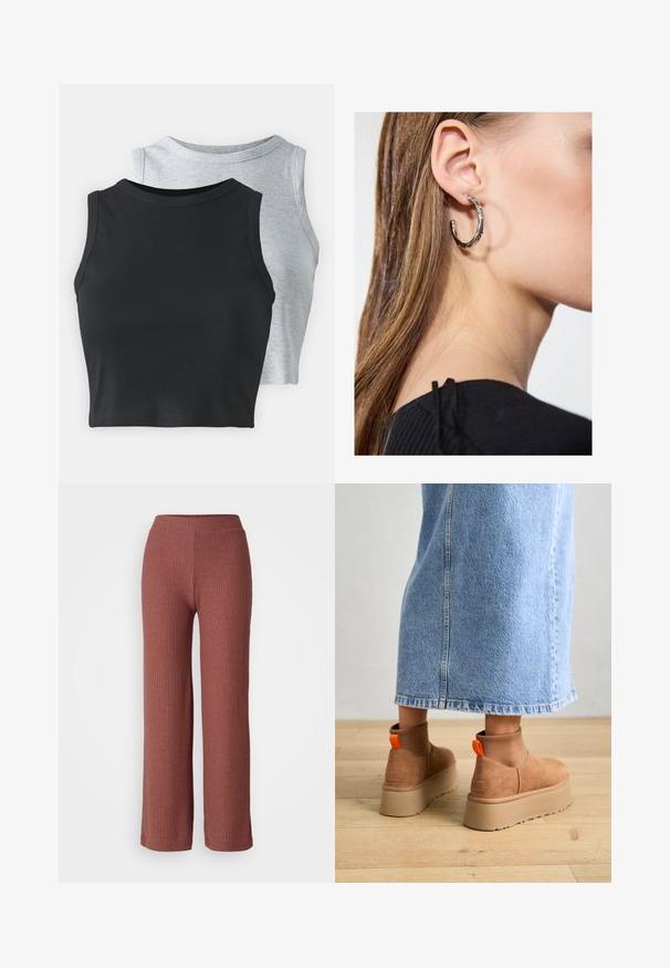 Even&Odd Petite 2 PACK - Top - light grey/black; Pantaloni širokega kroja s rebrastim vzorcem v barvi prašnjatega rožnatega s elastiko v pasu, ki se ponašajo z mehkobo in ravno silhueto.; Rjave suede platform čizme z elastičnimi stranskimi paneli in oranžnimi zankami, v kombinaciji s svetlobno denim krilom do kolen na lesenem tleh.; Srebrna obročasta uhana s polirano površino, ki vključuje majhne zlate poudarke in okroglo obliko, nošena na ušesnem lobu.