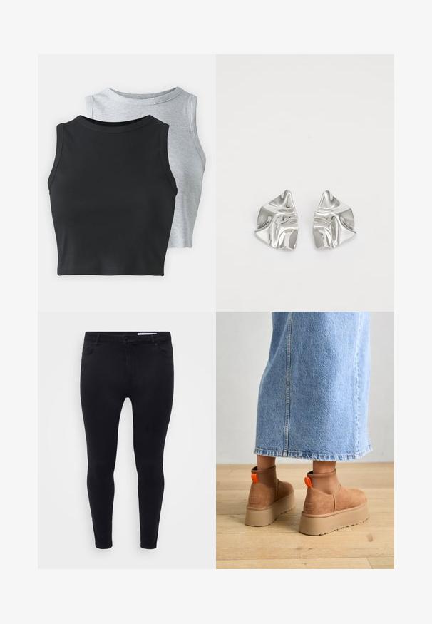 Even&Odd Petite 2 PACK - Top - light grey/black; Black slim-fit jeans made of stretchy denim, featuring a front button closure, belt loops, and five pockets with a smooth texture.; Brown suede platform boots with elastic side panels and orange pull tabs, paired with a knee-length light denim skirt on a wooden floor.; Silver metal earrings with a wavy, sculptural design featuring a polished finish and irregular shapes, highlighting a contemporary aesthetic.