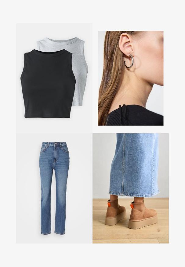 Even&Odd Petite 2 PACK - Topp - light grey/black; Kõrge vöökoha ja sirge säärega sinised denim teksad, millel on kerge kulumine, klassikaline viie tasku disain ja nööpkinnitus.; Pruunid nahatooted platvormikontsad elastsete külgpaneelidega ja oranžide tõmbetuttidega, koos puusani ulatuva heleda denim-seelikuga puidust põrandal.; Hõbedane rõngas kõrvarõngas poleeritud viimistlusega, millel on väikesed kuldsed aktsendid ja ümmargune kuju, kantud lobus.